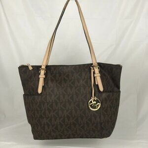 Michael Kors Jet Set Travel Medium Top Zip Tote Bag Brown Signature Logo
